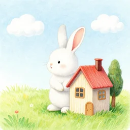rabbit, house, serene, happy, artwork, colored pencil