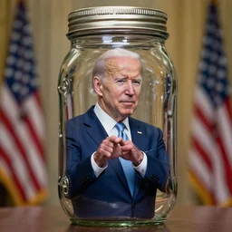 Joe Biden trapped in giant mason jar, award winning photograph