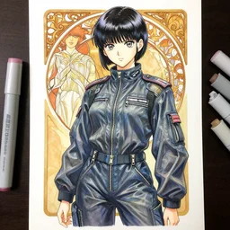 a copic maker realistic manga portrait highly detailed features illustration by yoshiyuki sadamoto and alphons mucha of an anime girl wearing streetwear pilot suit lots of zippers, pockets, synthetic materials, jumpsuits by issey miyake and balenciaga 8 k