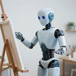 a shrugging robot artist that is painting.