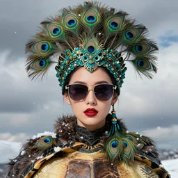 glamor portrait, young female model, electric sunglasses, peacock headress, turtle skin, falling snow, cloudy background, intricate detailed hyperrealistic by mandy jurgens and studio ghibli and alyssa monks, bold colors, artstation