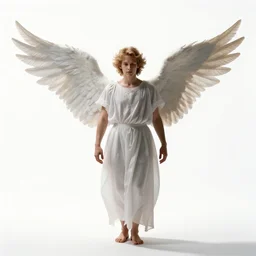 jovial angel with white wings, cinematic studio photo, full body, standing, isolated on a pure white background, centered, whole figure in frame, sharp focus, studio lighting