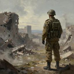 a last standing soldier looking at destroyed city, concept art, deviantart, art station, landscape, cinematic, lighting, hyper realistic painting