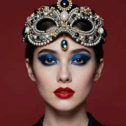 an 8 0 s close - up airbrush portrait of a woman with dark blue eye shadow and red lips with dark slicked back hair, a mask of beads and jewels hanging from a crown by serge lutens, rolf armstrong, delphin enjolras, peter elson, background of classic red cloth