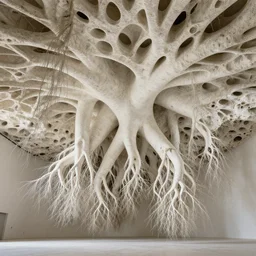 large porous white roots with gaps between them forming the ceiling of a room. architectural interior