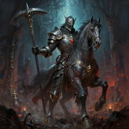 A terrifying horse-man Behemoth-Knight antagonist with plate-reinforced clothing and a flail weapon is guarding the grimdarkest dungeon depths. trending on Pixiv. trending on ArtStation. A vibrant digital oil painting. A highly detailed fantasy character illustration by Wayne Reynolds and Charles Monet and Gustave Dore and Carl Critchlow and Bram Sels | A concept of Melancholic Euphoric heartshine in the crush of oblivion.
