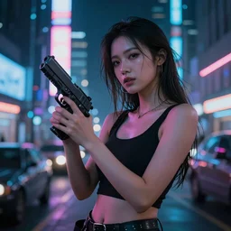 “sensual cyberpunk girl with guns in her hands failing on the city, ultra realistic, neon lights, photo, 8k”