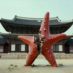 a film still of a north korean monster movie, kaiju - eiga monster starfish - like over traditional korean palace split in half, film noir, video compression