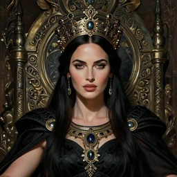 portrait of megan fox as a queen, throne, jewelry, greek, black, intricate, headshot, highly detailed, digital painting, artstation, concept art, sharp focus, cinematic lighting, illustration, art by artgerm and greg rutkowski, alphonse mucha, cgsociety
