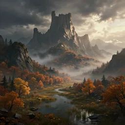 beautiful render of a autumn landscape, unreal engine, dark fantasy style, first light, majestic mountains, swamps, morning mist, dramatic clouds, big castle ruin, cinematic lighting, by greg rutkowski, cgsociety