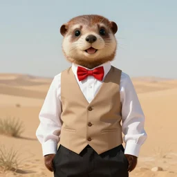 Character portrait of a happy furry anthro stoat wearing a white_dress_shirt, tan_vest, red_bowtie, and black_slacks in the desert wilderness, intricate, elegant, highly detailed, digital painting, artstation, concept art, smooth, sharp focus, illustration, art by Krenz Cushart and Artem Demura and alphonse mucha