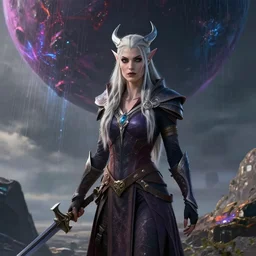 ( ( ( ( ( hyperrealist distant portrait of sylvanas windrunner on a obsidian planet where it rains colors. ) ) ) ) ) by bayard wu, fantasy, photorealistic, octane render, unreal engine, dynamic lighting, trending on artstation, poster, volumetric lighting, very detailed faces, 4 k, award winning