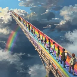 incredible, mindblowing, refugees crossing a bridge made of rainbow, matte painting, makoto shinkai, artstation, cgsociety, dramatic lighting, concept art, octane render, arnold 3 d render