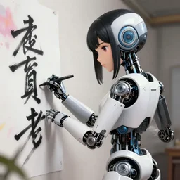 a robot animatronic anime girl writing calligraphy in graffiti
