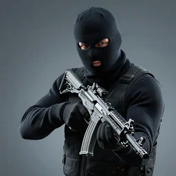 criminal wearing a balaclava holding an automatic weapon, horror theme, detailed, elegant, intricate, conceptual, volumetric light