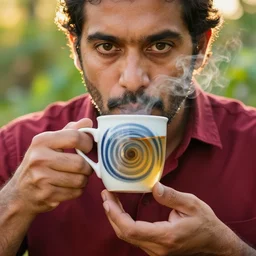 mr robert is drinking fresh tea, smoke pot and meditate in a garden from spiral mug, detailed focused face, muscular hands, golden hour closeup photo, red elegant shirt, eyes wide open, ymmm and that smell