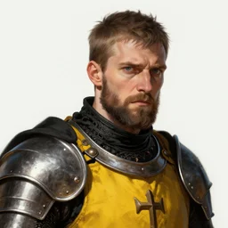 Closeup of frustrated male medieval sergeant with a {short} beard wearing a black!!!! and yellow tabard over a steel breastplate and a black gambeson with no helm, intricate, dramatic lighting illustration by Greg Rutkowski, ArtStation, digital art, fantasy
