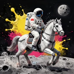 astronaut riding a robot horse on the moon by josan gonzalez splash art graphic design color splash high contrasting art, fantasy, highly detailed, art by greg rutkowski