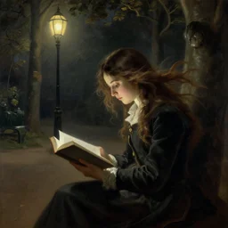 a girl reading book, hair flowing down, city park, street lights, contrast, dramatic, by Noel Coypel