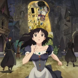 anime frames, anime visual, full portrait of a young woman wearing a crown in the medieval city square looking at the fantasy palace in the distance, cute face by ilya kuvshinov, alphonse mucha, dynamic pose, dynamic perspective, rounded eyes, moody, psycho pass, kyoani, gustav klimt yoh yoshinari