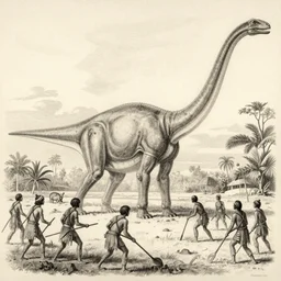 detailed pencil drawing in the style of british encyclopedia of early 1 9 0 0 of tribe's people who have hunted a giant diplodocus in bali, sepias color,