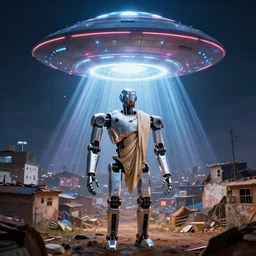 ROBOT of AJEGUNLE SLUMS of Lagos inside JESUS CHRIST about AESTHETICS surrounding large UFO within NEON rays of light,
