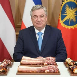 portrait of viktor orban proudly sitting behind a table full of bacon