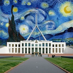 parliament house canberra, starry night by van gogh
