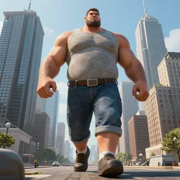 strong man larger than skyscrapers walks around the city, ground view, highly detailed, digital art, sharp focus, super realistic, octane render