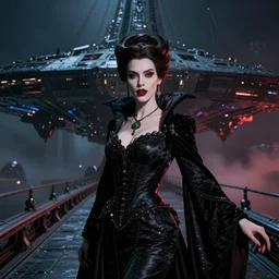portrait of vampire queen commanding the bridge of a evil starship, digital photo