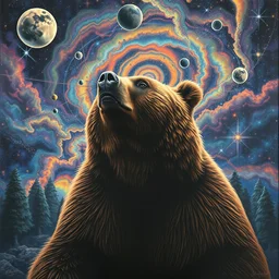 a realism painting of a grizzly bear observes the space - time continuum on heroic dose of psilocybin by android jones, chris dyer, alex grey, and aaron brooks, highly detailed and realistic