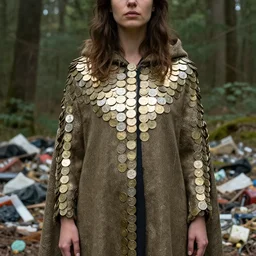 closeup portrait of a woman wearing a cloak made of coins, standing in a heap of garbage, forest, by Annie Leibovitz and Steve McCurry, natural light, detailed face, CANON Eos C300, ƒ1.8, 35mm, 8K, medium-format print