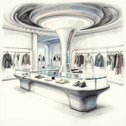 futuristic store interior with display tables, by krenz cushart. pen sketch.