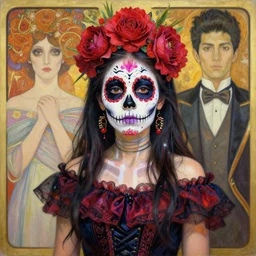 realistic detailed painting of a cute punk Día de los Muertos girl by Mario Testino Alphonse Mucha Ayami Kojima Amano Charlie Bowater, masterpiece