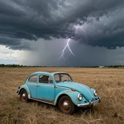 a lonely rusty cyan VW Beetle in a vacant field, wide angle, thunderstorm, panorama, detailed digital art