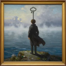 anime key visual of wanderer above the sea of fog by caspar david friedrich 1 8 1 8, in the style of jamie wyeth james gilleard edward hopper greg rutkowski acrylic painting, oil on canvas, preserved museum piece, historical