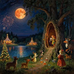 a night carnival around a magical tree cavity, with a surreal orange moonlight and fireworks in the background, next to a lake with iridiscent water, christmas lights, folklore animals and people disguised as fantastic creatures in a magical forest by summer night, masterpiece painted by georg friedrich kersting, dark night environment