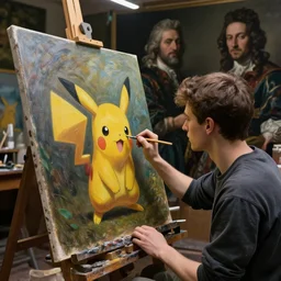 a young painter in his studio painting a picture of a pokemon, by edgar maxence and caravaggio and michael whelan and delacroix style, artistic, intricate drawing, cinematic lighting, hyper realistic, extremely detailed, establishing shot, 8 k resolution, dramatic lighting