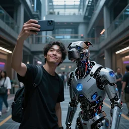 cyborg - pitbull taking a selfie with a fan, in an atrium, in 2 0 5 5, y 2 k cybercore, industrial low - light photography, still from a kiyoshi kurosawa movie