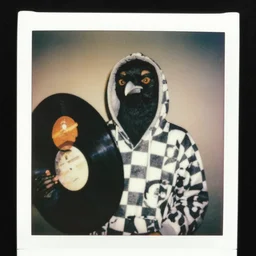 close - up, photo of a humanoid magpie kenku wearing a chess hoodie, holding a vinyl record, 9 0 - s, polaroid photo, by warhol,