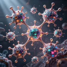 quantum connections represented as symbiotic organisms like cells playing around with colorful lights by ernst haeckel, gas