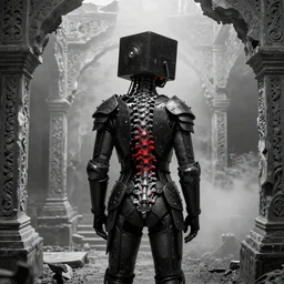 back view of man standing inside ancient rotting template, haze, exposed spinal column, black biomechanical cube helmet, armor, grain, iris van herpen, beksinksi, jean delville, james jean, ornate, black and white, red light