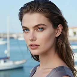 beautiful woman with blue eyes faces camera. maritime harbour background. blues