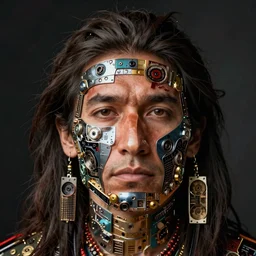 portrait photo of a man with Iroquois made from video card parts, Perfect face, extremely high details, realistic, by Giuseppe Arcimboldo, Edward Hopper, Rene Margitte