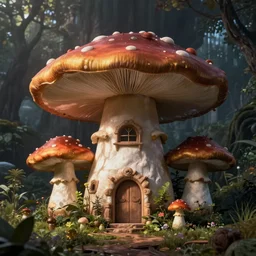 mushroom house in the middle of a fantasy world, dynamic lighting