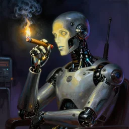 An android lighting a single cigar in a cyberpunk setting, by Frank Frazetta, dramatic lighting, high contrast colours, as trending on Artstation, highly detailed,