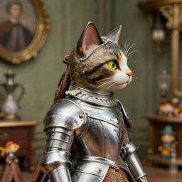 closeup profile portrait of a tin toy victorian lady as a cat in armour, nicoletta ceccoli, mark ryden, lostfish, max fleischer, depth of field, detailed and intricate victorian environment, 8 k resolution, hyperrealistic, octane render