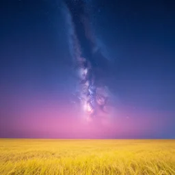 landscape, pink, yellow, blue, hyper realism, stars, night