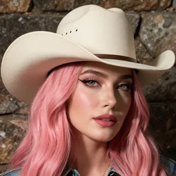 closeup headshot photo of the woman with a cowboy hat and long pink hair, stone wall background and photography by Gregory Crewdson