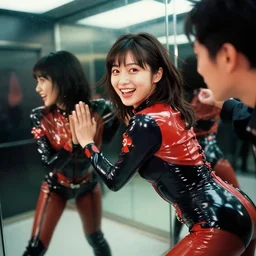 Worksafe,clothed.1990s,unbelievably beautiful,perfect,dynamic,epic,cinematic movie shot of a close-up japanese beautiful cute young J-Pop idol actress girl in latex plugsuit,reflected in giant mirror,expressing joy and posing.By a Chinese movie director.Motion,VFX,Inspirational arthouse,high budget,hollywood style,at Behance,at Netflix,Instagram filters,Photoshop,Adobe Lightroom,Adobe After Effects,taken with polaroid kodak portra